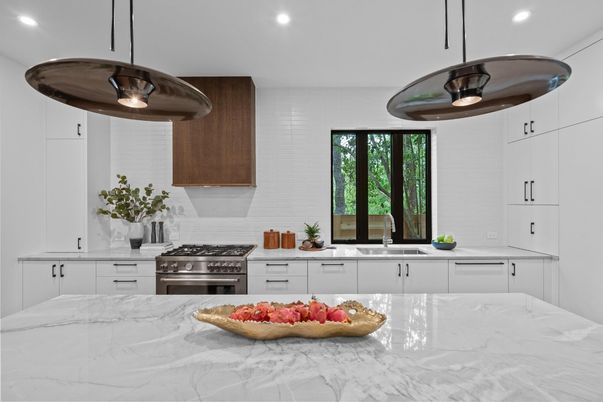 Interior, Kitchen, Marble, Recessed Lighting, Stainless Steel Appliances