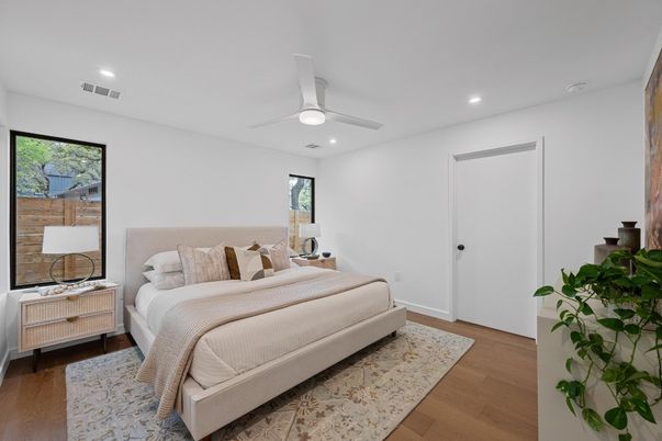 Bedroom, Interior, Recessed Lighting, Wood Texture Flooring