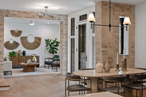 Dining room, Interior, Recessed Lighting, Stone Walls