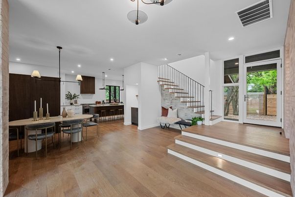 Dining room, Interior, Kitchen, Pendant Lights, Recessed Lighting, Wood Texture Flooring