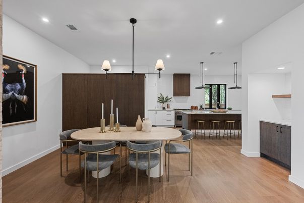 Dining room, Interior, Kitchen, Pendant Lights, Recessed Lighting, Wood Texture Flooring