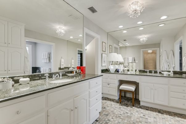 Bathroom, Chandelier, Dual Sink Vanities, Interior, Recessed Lighting