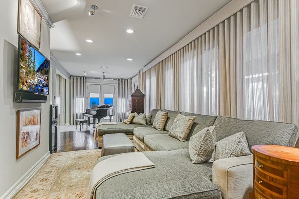 Fireplace, Interior, Living room, Piano, Recessed Lighting, Wood Texture Flooring