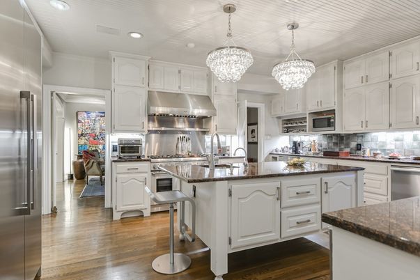 Chandelier, Interior, Kitchen, Pendant Lights, Recessed Lighting, Stainless Steel Appliances, Wood Texture Flooring