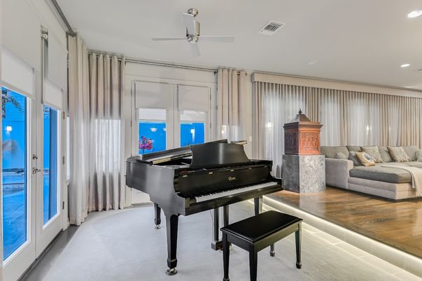 Interior, Living room, Piano, Recessed Lighting, Wood Texture Flooring