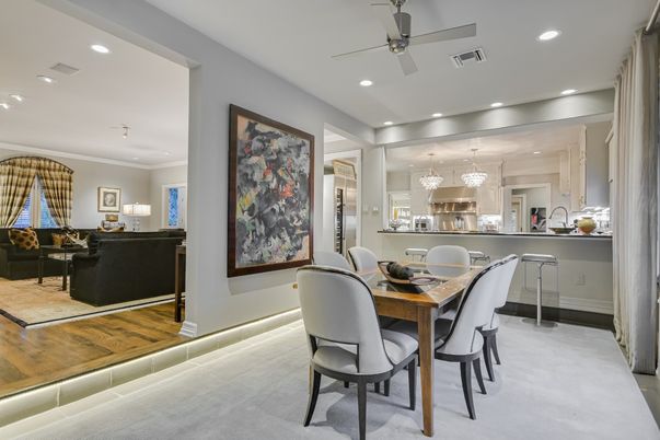 Dining room, Interior, Kitchen, Living room, Pendant Lights, Recessed Lighting, Wood Texture Flooring