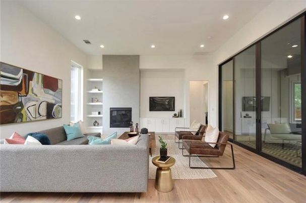 Fireplace, Interior, Living room, Recessed Lighting, Wood Texture Flooring