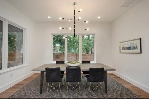 Dining room, Interior, Pendant Lights, Recessed Lighting, Wood Texture Flooring