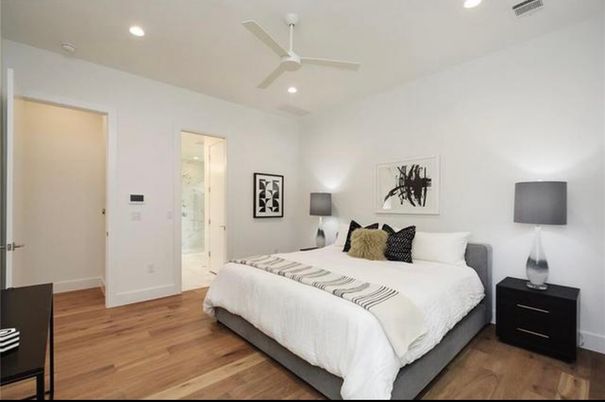 Bedroom, Interior, Recessed Lighting, Wood Texture Flooring