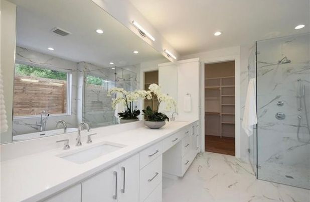 Bathroom, Dual Sink Vanities, Glass Shower, Interior, Marble, Marble Walls, Recessed Lighting
