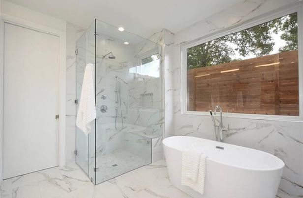 Bathroom, Free Standing Baths, Glass Shower, Interior, Marble, Marble Walls, Recessed Lighting