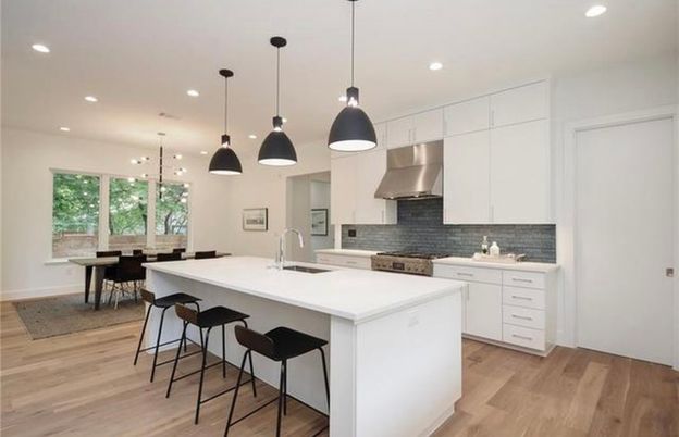 Dining room, Interior, Kitchen, Pendant Lights, Recessed Lighting, Stainless Steel Appliances, Wood Texture Flooring