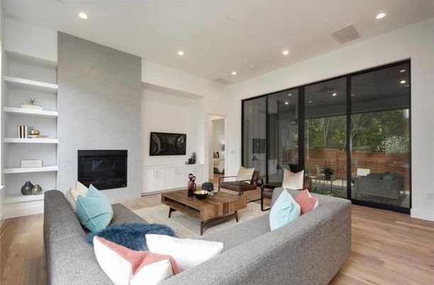Fireplace, Interior, Living room, Recessed Lighting, Wood Texture Flooring