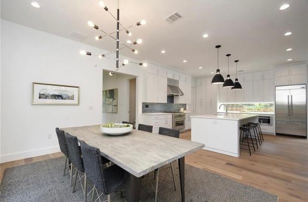 Dining room, Interior, Kitchen, Pendant Lights, Recessed Lighting, Stainless Steel Appliances, Wood Texture Flooring