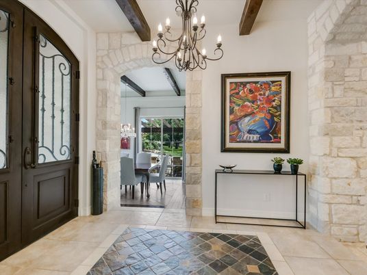 Chandelier, Dining room, Interior, Stone Walls, Wooden Beams