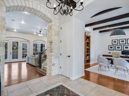 Chandelier, Dining room, Interior, Recessed Lighting, Wooden Beams, Wood Texture Flooring