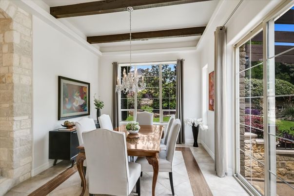 Chandelier, Dining room, Interior, Pendant Lights, Stone Walls, Wooden Beams