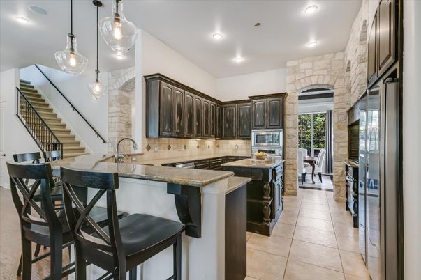Interior, Kitchen, Pendant Lights, Recessed Lighting, Stone Walls