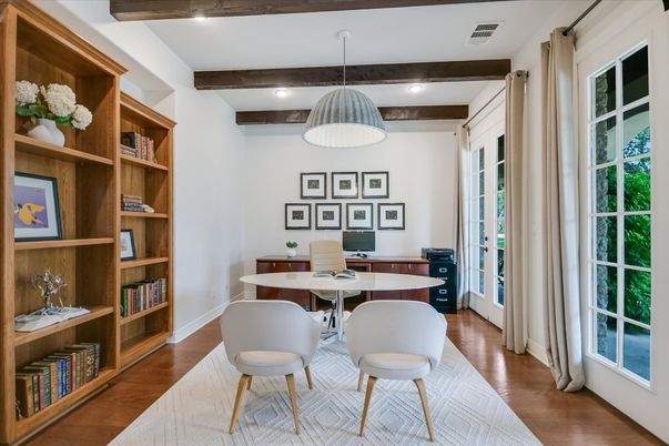 Home Office, Interior, Pendant Lights, Recessed Lighting, Wooden Beams, Wood Texture Flooring