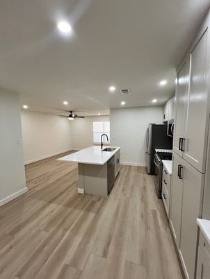 Interior, Kitchen, Recessed Lighting, Wood Texture Flooring