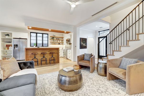 Interior, Kitchen, Living room, Recessed Lighting, Stainless Steel Appliances, Wood Texture Flooring