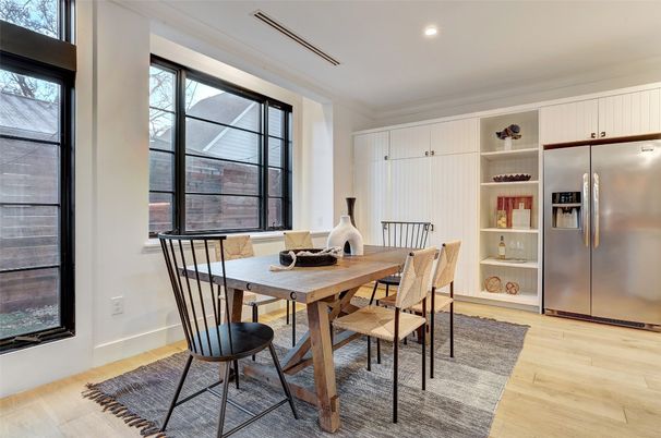 Dining room, Interior, Recessed Lighting, Stainless Steel Appliances, Wood Texture Flooring