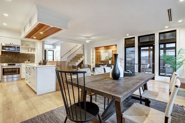 Dining room, Interior, Kitchen, Recessed Lighting, Stainless Steel Appliances, Wooden Ceilings, Wood Texture Flooring