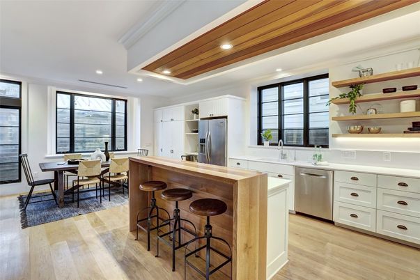 Dining room, Interior, Kitchen, Recessed Lighting, Stainless Steel Appliances, Wooden Ceilings, Wood Texture Flooring