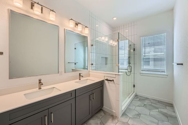 Bathroom, Dual Sink Vanities, Glass Shower, Interior, Recessed Lighting