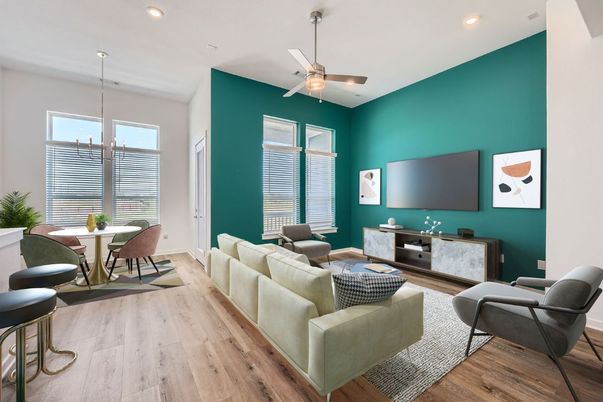 Dining room, Interior, Living room, Recessed Lighting, Wood Texture Flooring