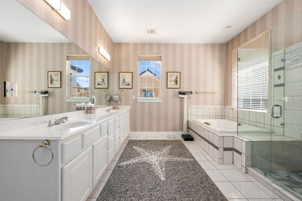Bathroom, Dual Sink Vanities, Glass Shower, Interior, Recessed Lighting, Wooden Walls
