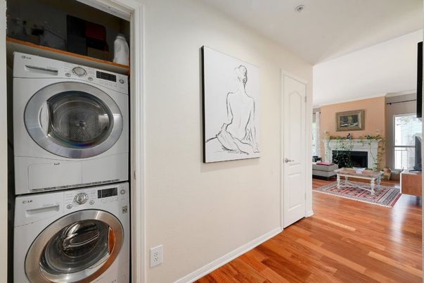 Fireplace, Interior, Utility Closets, Washer, Wood Texture Flooring