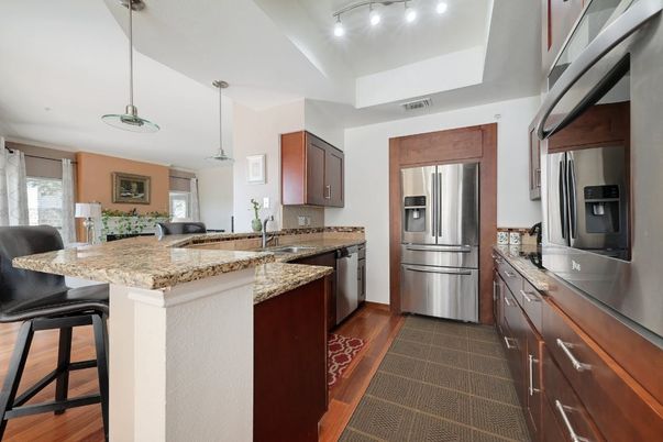 Interior, Kitchen, Pendant Lights, Stainless Steel Appliances, Wood Texture Flooring