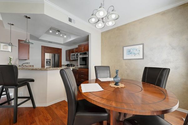 Dining room, Interior, Kitchen, Pendant Lights, Stainless Steel Appliances, Wood Texture Flooring