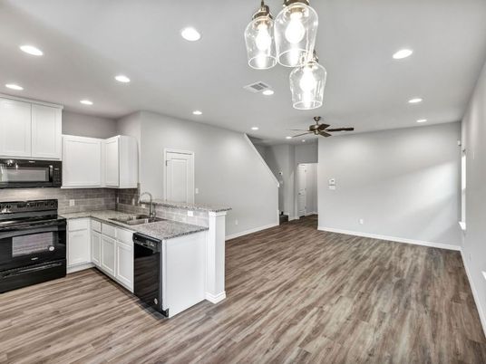 Interior, Kitchen, Pendant Lights, Recessed Lighting, Wood Texture Flooring