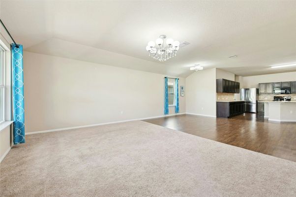 Chandelier, Empty room, Interior, Kitchen, Stainless Steel Appliances, Wood Texture Flooring