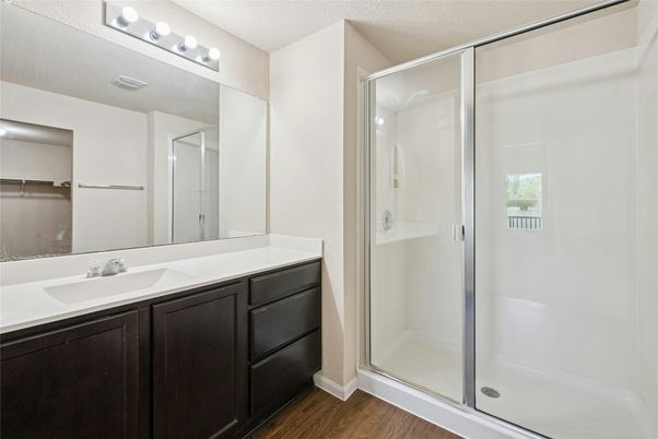 Bathroom, Glass Shower, Interior, Wood Texture Flooring
