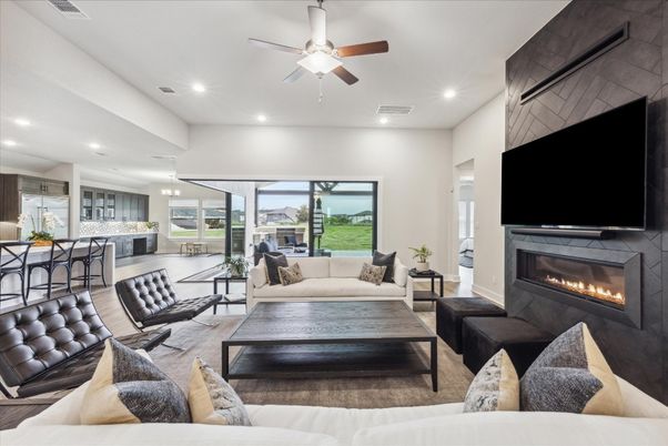 Fireplace, Interior, Kitchen, Living room, Pendant Lights, Recessed Lighting