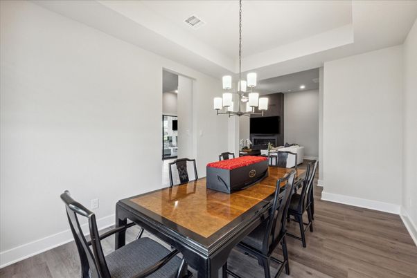 Chandelier, Dining room, Interior, Recessed Lighting, Wood Texture Flooring