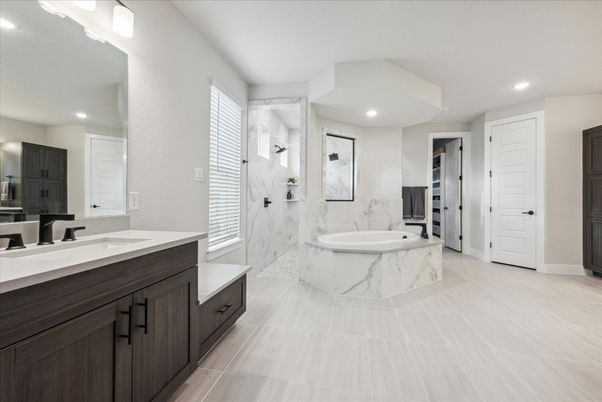 Bathroom, Dual Sink Vanities, Interior, Marble Walls, Recessed Lighting