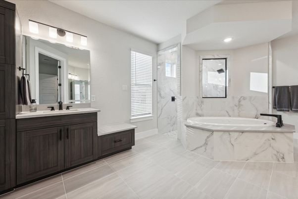 Bathroom, Dual Sink Vanities, Interior, Marble Walls, Recessed Lighting