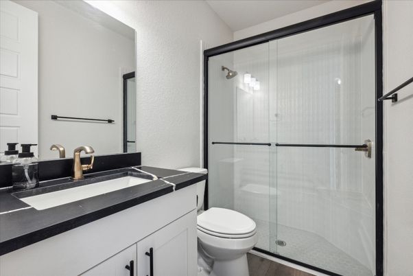 Bathroom, Glass Shower, Interior, Wood Texture Flooring