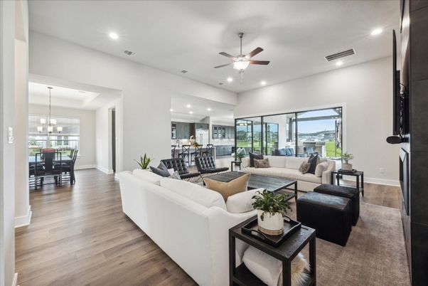 Dining room, Interior, Living room, Pendant Lights, Recessed Lighting, Wood Texture Flooring
