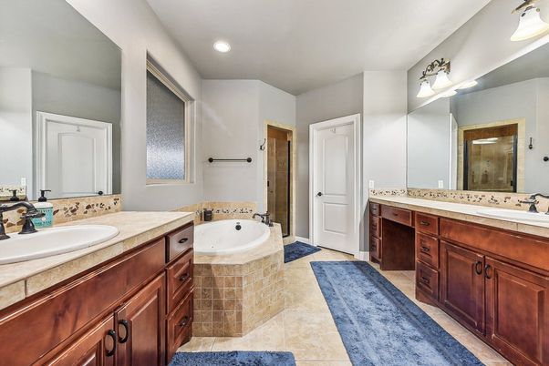 Bathroom, Dual Sink Vanities, Interior, Recessed Lighting, Tile Countertops