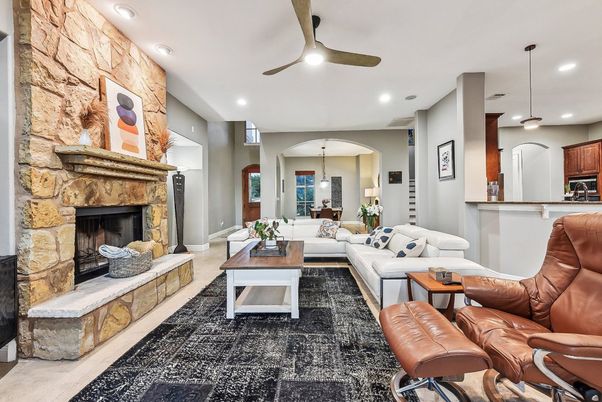 Fireplace, Interior, Living room, Pendant Lights, Recessed Lighting, Stone Walls