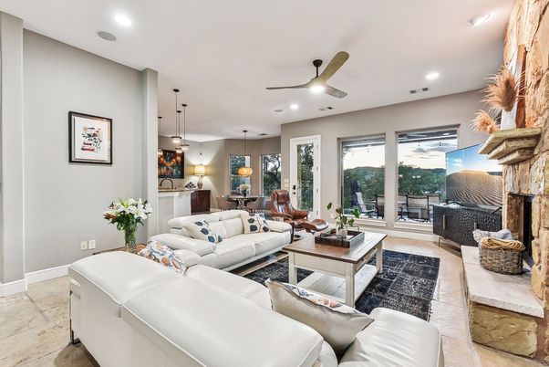 Dining room, Fireplace, Interior, Living room, Pendant Lights, Recessed Lighting
