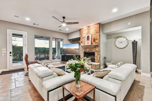 Fireplace, Interior, Living room, Recessed Lighting, Stone Walls