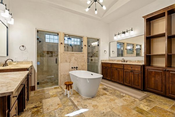 Bathroom, Dual Sink Vanities, Free Standing Baths, Glass Shower, Interior, Pendant Lights