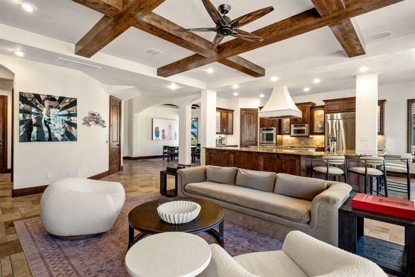 Interior, Kitchen, Living room, Recessed Lighting, Stainless Steel Appliances, Wooden Beams
