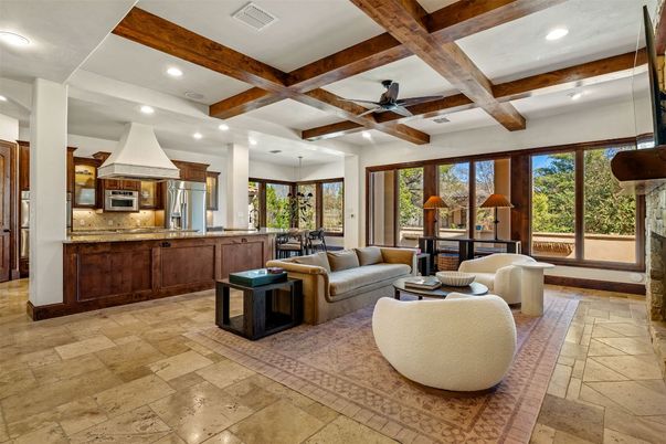 Fireplace, Interior, Kitchen, Living room, Recessed Lighting, Stainless Steel Appliances, Wooden Beams